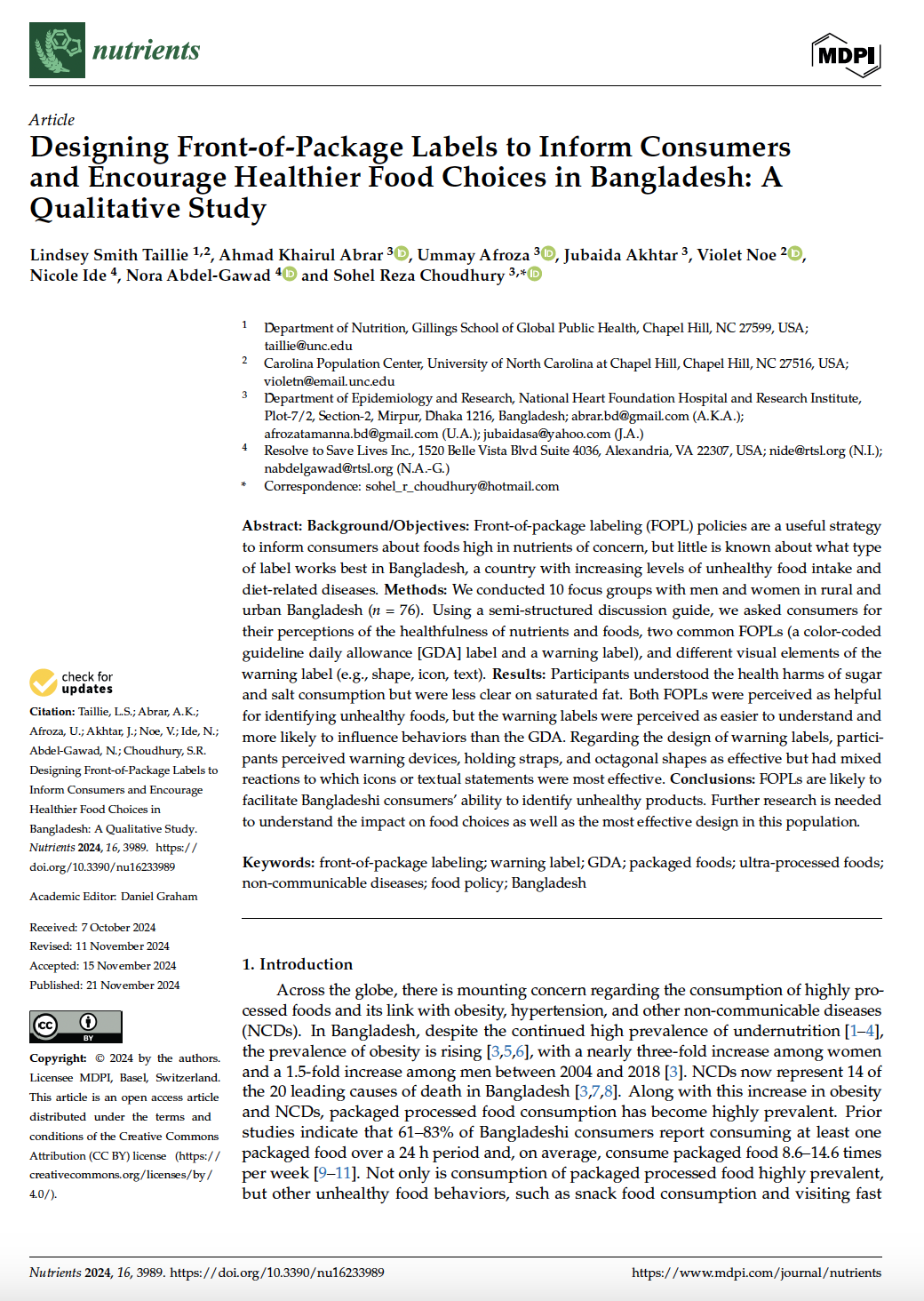 screenshot of first page of Nutrients study about food labeling study in Bangladesh